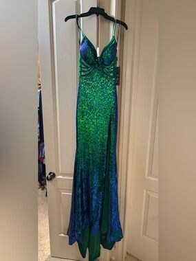 COYA Collection Blue-Green Sequin Evening Dress